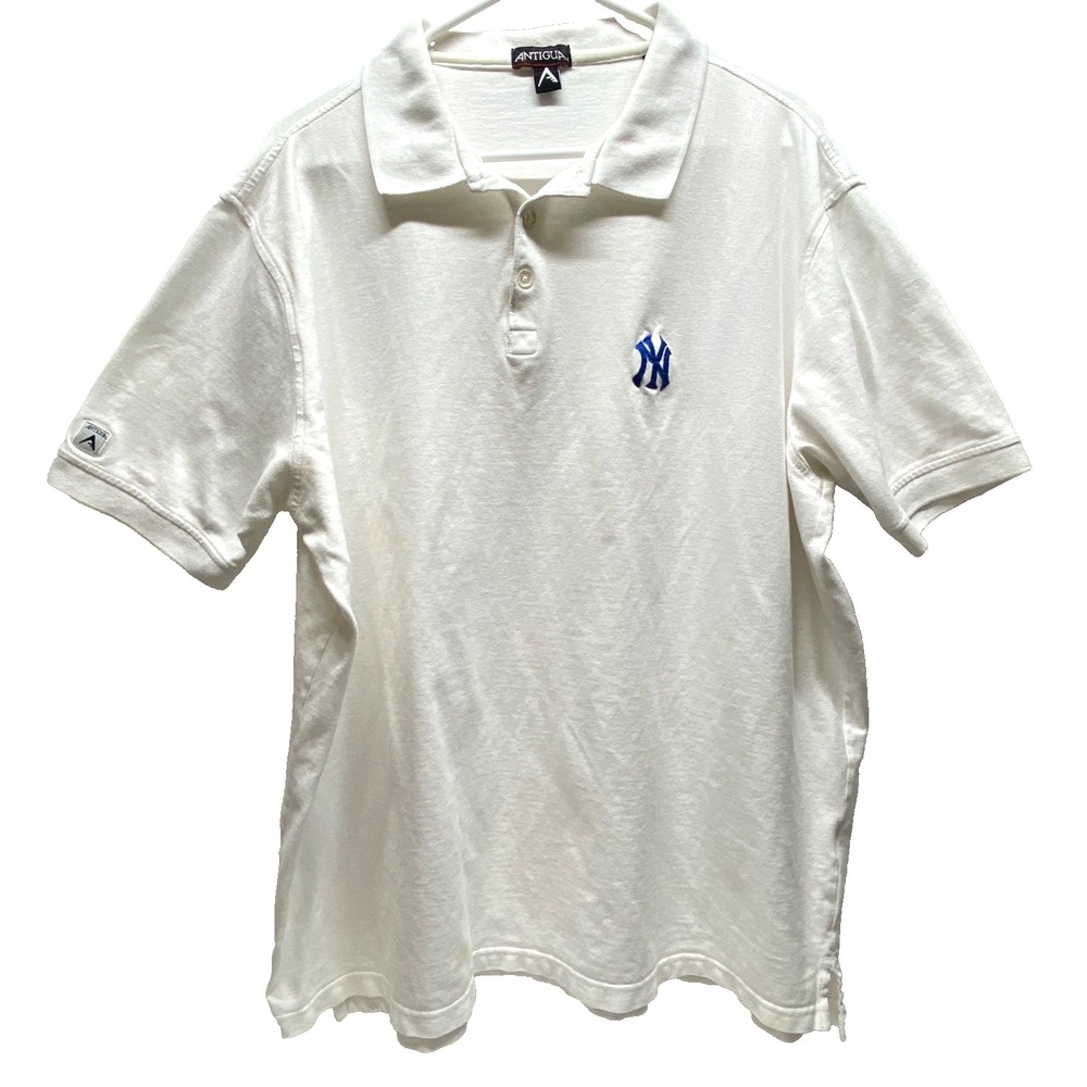 New York Yankees Polo Shirt Men's 2XL White Pique Knit NY Logo Antigua Top READ